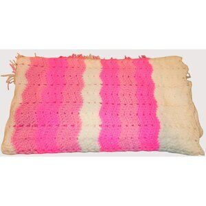 Handmade Crochet Blanket With Pink & White Stripes NEW 45X38